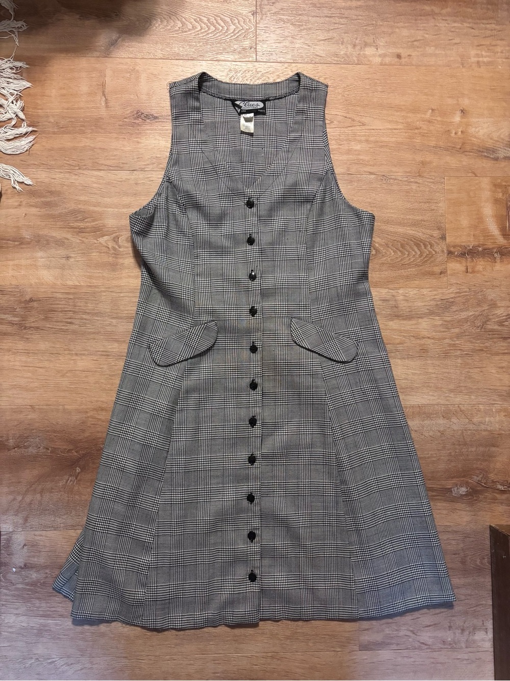 Vintage Sleeveless houndstooth Plaid Button-Front Dress white black size 14
